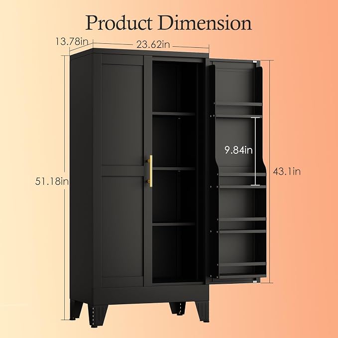 White Pantry Storage Cabinet, 48" Kitchen Pantry with Doors and 3 Adjustable Shelves, Metal Freestanding Buffet Cupboards Sideboard, for Office, Home, Garage, School