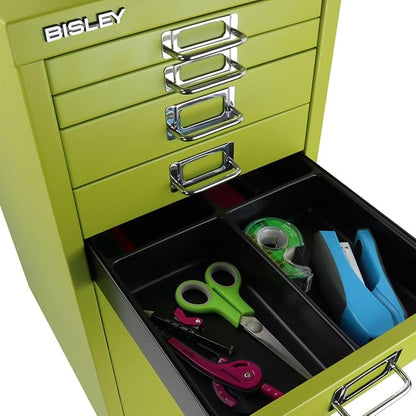 8-Drawer Steel MultiDrawer Cabinet - Green, by Bisley | Chrome Pull Handles with Label Holders, Powder-Coated Steel, Removable Drawers, Fits Under Most Desks, Labels Included
