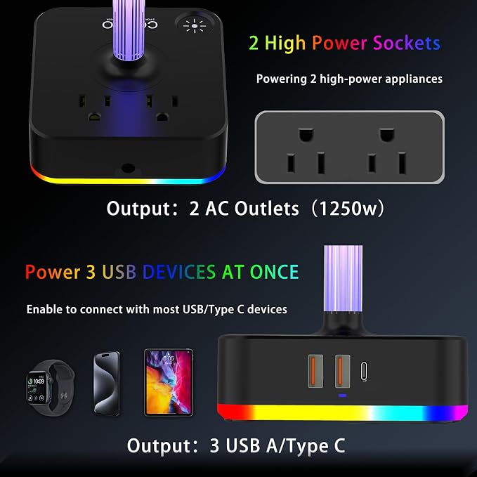 cozoo RGB Headphone Stand with Charger 3 USB Ports and 2 AC Outlets,2 USB-A 1 Type C,Desk Gaming Headset Holder with 9 Light Modes,PC Gaming Desk Accessories,Gamer Gifts,RGB Gaming Stuff Headset Stand