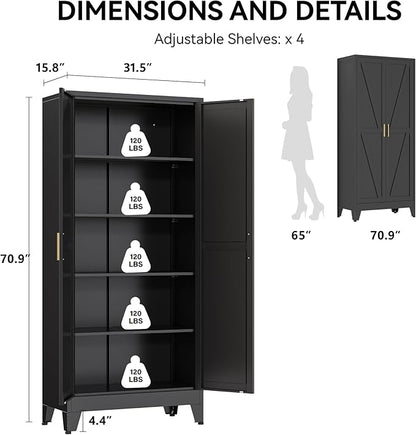 COFaR 71" Modern Pantry Cabinet in Black, 5-Tier Storage Cabinet with Adjustable Shelves, Industrial Steel Cupboard for Kitchen, Office & Living Room Organization