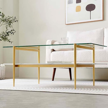 LumFurn Rectangle Coffee Table for Living Room, Mid-Century Modern Design, L41 x W21 x H17, 2-Tier Structure, Clear Glass Top and White Marble Finish Wood Shelf, Conical Legs with Gold Finish