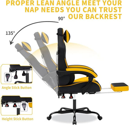 Gaming Chair with Massage,Ergonomic PC Gaming Chair with Footrest Comfortable Headrest and Lumbar Support,High Back Game Chair PVC Leather,300LBS (Sunflower Yellow)