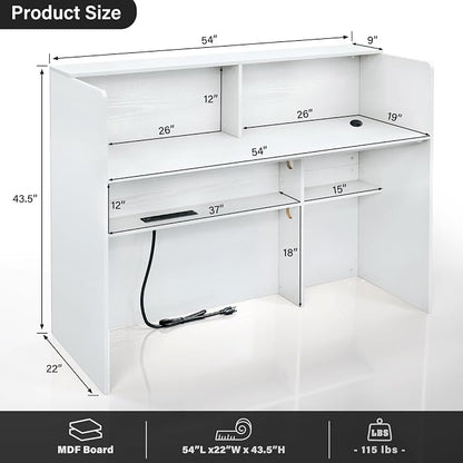 TC-HOMENY Reception Desk with LED Lights, 55'' Retail Counter Modern with Storage Shelves and Cable Grommet, Front Table, Salon Desk, Office Table,White