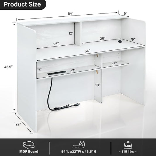 TC-HOMENY Reception Desk with LED Lights, 55'' Retail Counter Modern with Storage Shelves and Cable Grommet, Front Table, Salon Desk, Office Table,White