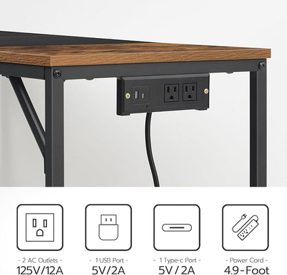 HOOBRO Computer Desk, Home Office Desk with Power Outlet, Modern Study Writing Desk with 3 Hooks for Study Room, Home Office, Sturdy and Stable, Easy to Assemble, Rustic Brown and Black BF41UDN01