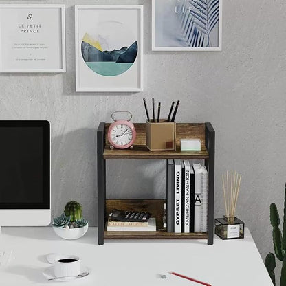 Office Desk Shelf Organizer, Wood Desktop Bookshelf Supplies Storage Rack, Shelf for Top of Desk and Dresser and Cubicle Decor Aesthetic Bookshelf (Black, Small 12.9" Lx6.3 Wx10.2 H)