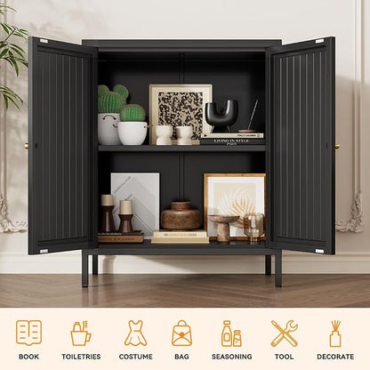 2 Door Metal Storage Cabinet-Small Bathroom Storage Cabinet with 1 Adjustable Shelf,Freestanding Sideboard for Home Office, Living Room, Hallway, Entryway(Striped Door, Black)