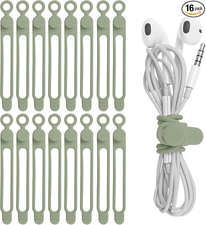 16Pcs Silicone Cable Ties Cord Organizer for Bundling Earphone, Phone Charger, Computer Cords, Reusable Wire Cable Management in Home,Office,Kitchen,School,Travel (Green)