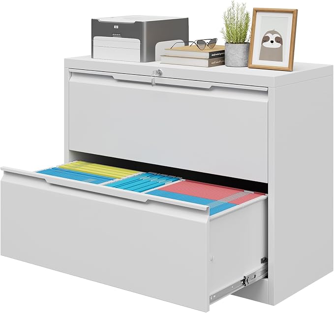 2 Drawer Lateral Metal File Cabinet, Home Office Storage Filing Cabinet with Hanging Bars & Keys, Compatible with Legal Letter A4 F4 Size Hanging Folders,White,Require Assembly
