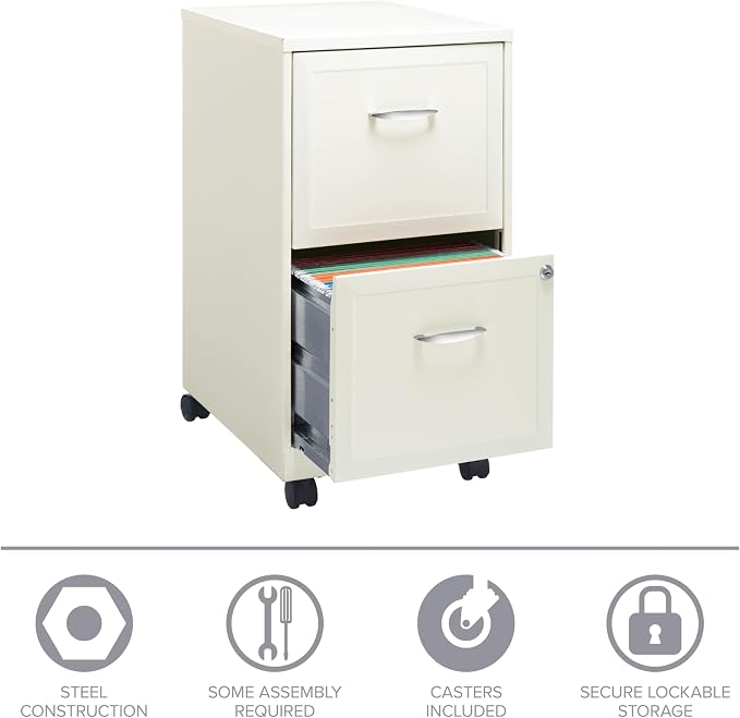 Space Solutions - 2 Drawer Fully Assembled Vertical Steel File Cabinet, Home & Small Office Use, Fits Under Most Desks, Letter-Size, Lock, Mobile, Pearl White