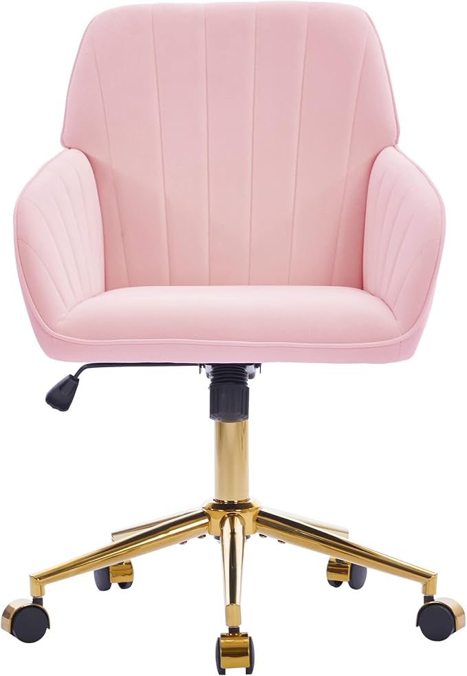 Velvet Home Office Desk Chair, Modern Cute Computer Task Chair with Back, Height Adjustable Upholstered Vanity Chair with Swivel Wheels for Women, Girls (Gold Base, Pink