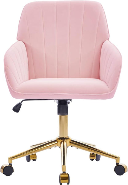 Velvet Home Office Desk Chair, Modern Cute Computer Task Chair with Back, Height Adjustable Upholstered Vanity Chair with Swivel Wheels for Women, Girls (Gold Base, Pink