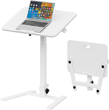 25 Inch Mobile Foldable Standing Desk, 180 Tiltable Portable Rolling Laptop Table, Height Adjustable Sit-Stand Desk with Wheels, No Assembly Computer Workstation for Home Office, White