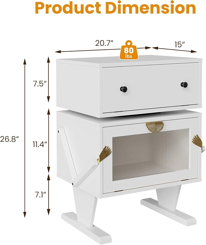 RoyalCraft Large Nightstand with LED Lights, White End Table with 360°Rotating Drawer, Modern Bedside Table with Storage, Wood Night Stand for Bedroom, Home Office, White