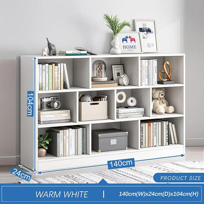 IOTXY Open Shelf Low Bookcase - Wooden 3-Tier Floor Standing Display Cabinet Organizer with Base, 10 Cubes Short Horizontal Bookshelf in Warm White