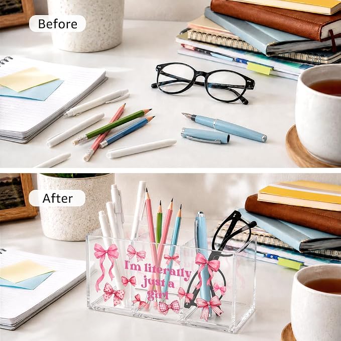 Just a Girl Acrylic Pen Holder, 3 Slot Pink Bow Desk Organizer | Cute pink bow acrylic organizer with 3 clear slots, keeps makeup, pens and remotes tidy; a sweet desk gift for teen girls.