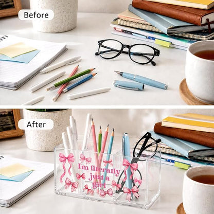 Just a Girl Acrylic Pen Holder, 3 Slot Pink Bow Desk Organizer | Cute pink bow acrylic organizer with 3 clear slots, keeps makeup, pens and remotes tidy; a sweet desk gift for teen girls.