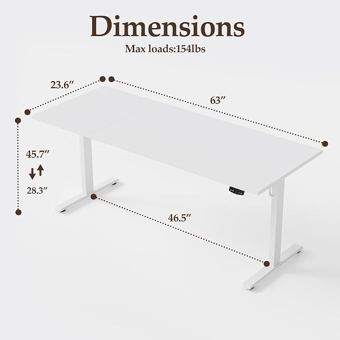 Klicelor 63 Inch Large Electric Standing Desk, Height Adjustable Office Desk, Sit Stand Up Computer Gaming Desk with Memory Preset, Three-Piece Desktop, White