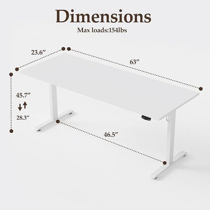 Klicelor 63 Inch Large Electric Standing Desk, Height Adjustable Office Desk, Sit Stand Up Computer Gaming Desk with Memory Preset, Three-Piece Desktop, White
