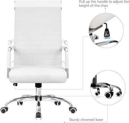 KaiMeng Ribbed Office Desk Mid Back Computer Chair Height Adjustable Conference Executive Task Swivel PU Leather (White)
