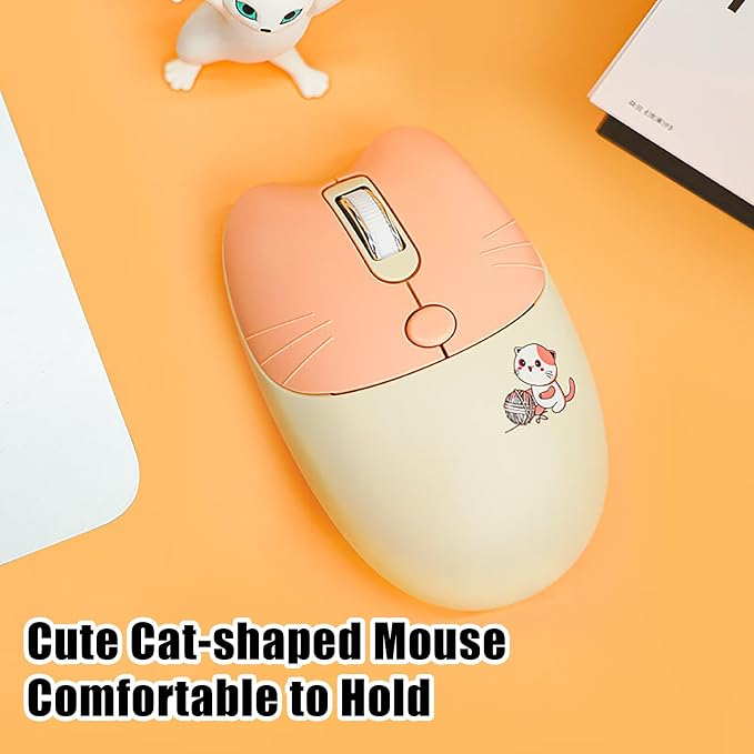 Cute Cat 2.4G USB Wireless Keyboard and Mouse Combo, Silent Keys, Candy Colors, Compatible with Notebook, PC (MilkTea-110Keys)