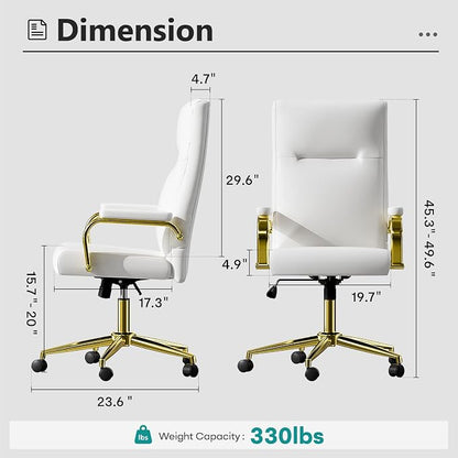 White and Gold Office Desk Chair Memory Foam, High Back Leather Executive Office Chair with Wheels and Arms for Women Girls Teens Adults