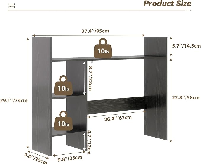 FTZxHKLX Desktop Bookshelf, Wood Desk Organizer Hutch with 3 Shelves for Computer Desk, 37.4'' Multipurpose Display Rack with Storage for College Dorm Office Home, Black