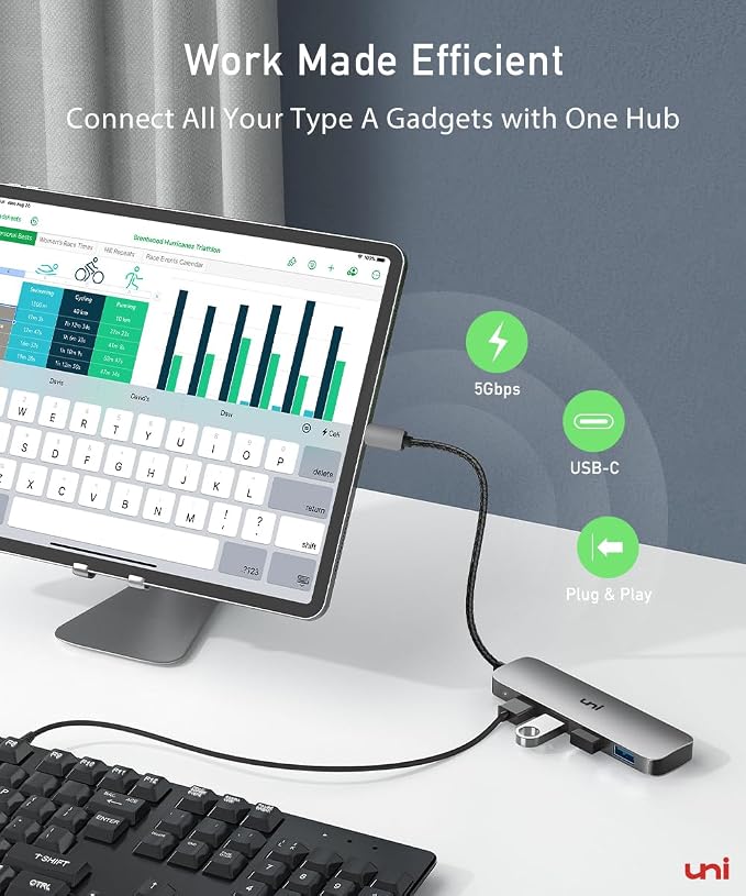 uni USB C to USB Hub Multiport Adapter, Aluminum 4 Ports USB C Splitter for Laptop, Slim Thunderbolt 3/4 Data USB Hub Compatible for MacBook Pro/Air, iPad Pro, Dell, Chromebook | Keyboard, Mouse, HDD