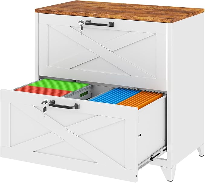 2 Drawer Farmhouse File Cabinet with Lock, Lateral Filing Cabinet for Letter/Legal/A4 Size, Wood File Storage Cabinets Printer Stand with Large Storage for Home Office School, White