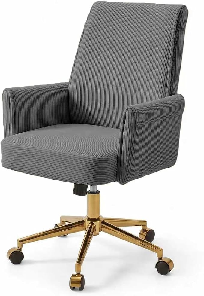 Striped Velvet Office Chair, 360° Swivel Ergonomic Task Chair with High Back, Gold Base and Wheels, Height Adjustable Modern Accent Chair for Home Office, Living Room, Study, Vanity Room (Gray)