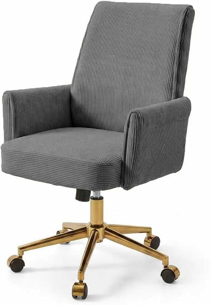 Striped Velvet Office Chair, 360° Swivel Ergonomic Task Chair with High Back, Gold Base and Wheels, Height Adjustable Modern Accent Chair for Home Office, Living Room, Study, Vanity Room (Gray)