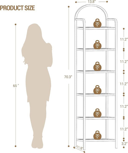 Hzuaneri Bookcase Bookshelf, Tempered Glass Bookshelves, Slim Shelving Unit for Bedroom, Bathroom, Home Office, Steel Frame, 6 Tier White BC10699W