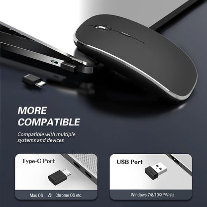 Halpilt Wireless Mouse Chargeable Portable Silent USB-A and Type-C Dual Mode Wireless Mouse 3 Adjustable DPI for Laptop, Mac, Android, PC (Q23S Black)