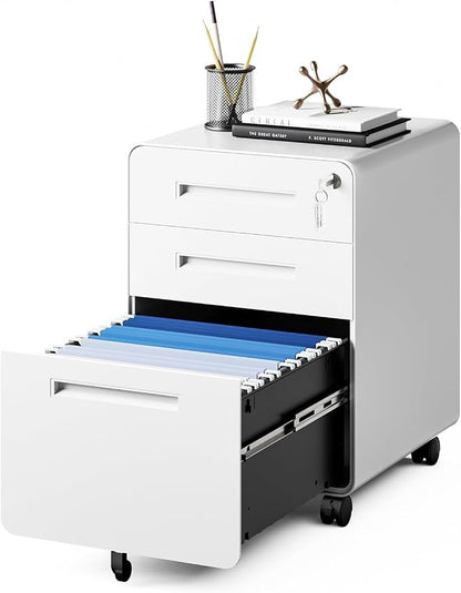 MIIIKO Mobile Filing Cabinet 3 Drawer, White Small File Cabinet with Lock Under Desk, Filing Cabinets for Home Office with Wheels, A4/Letter/Legal Hanging File Folders