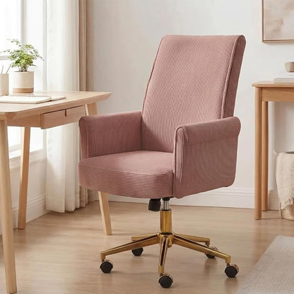 Stripes Velvet Home Office Desk Chair, Accent Upholstered Modern Height Adjustable Swivel Chair with Wheels,Ergonomic Task Chair for Living Room,Bedroom,Vanity,Study,Office（Pink）