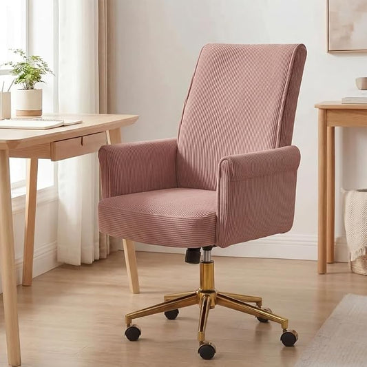 Stripes Velvet Home Office Desk Chair, Accent Upholstered Modern Height Adjustable Swivel Chair with Wheels,Ergonomic Task Chair for Living Room,Bedroom,Vanity,Study,Office（Pink）