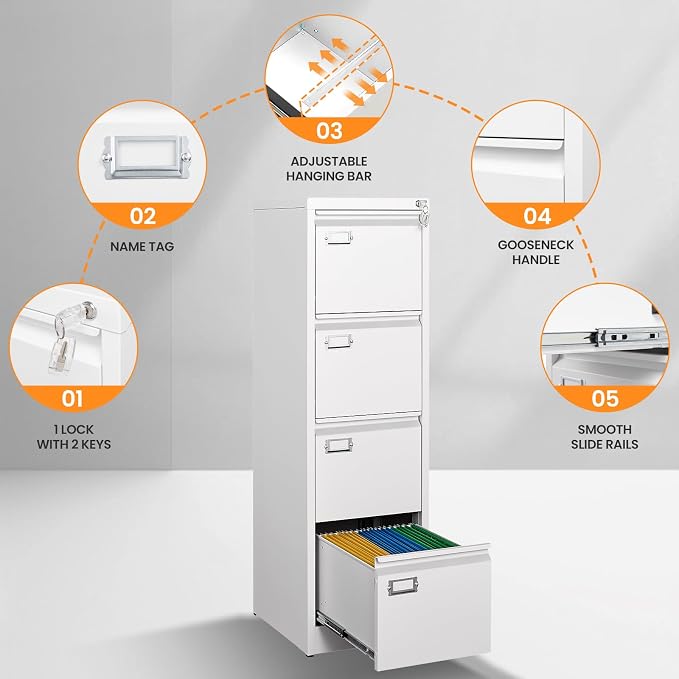 4 Drawer File Cabinet with Lock, Metal Filing Cabinets for Home Office, Vertical Black Locking File Caninet, Steel Narrow Four Drawer File Cabnet for Letter/Legal / A4 / B4- Assembly Required