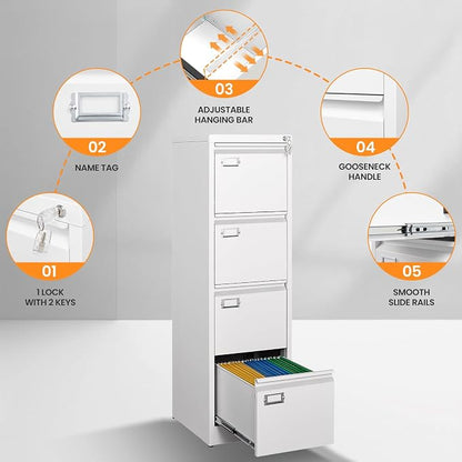 4 Drawer File Cabinet with Lock, Metal Filing Cabinets for Home Office, Vertical Black Locking File Caninet, Steel Narrow Four Drawer File Cabnet for Letter/Legal / A4 / B4- Assembly Required