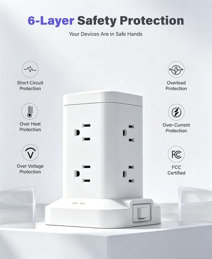 Power Strip Tower with Surge Protector 1800J, Fast Charging Tower PD20W USB-C Ports with 8 AC Outlets, 10ft Extension Cord for Home Office Dorm Room, White