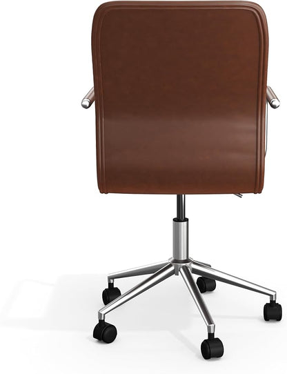 Martha Stewart Taytum Swivel Task Chair with Armrests for Home Office in Saddle Brown Faux Leather with Polished Nickel Frame