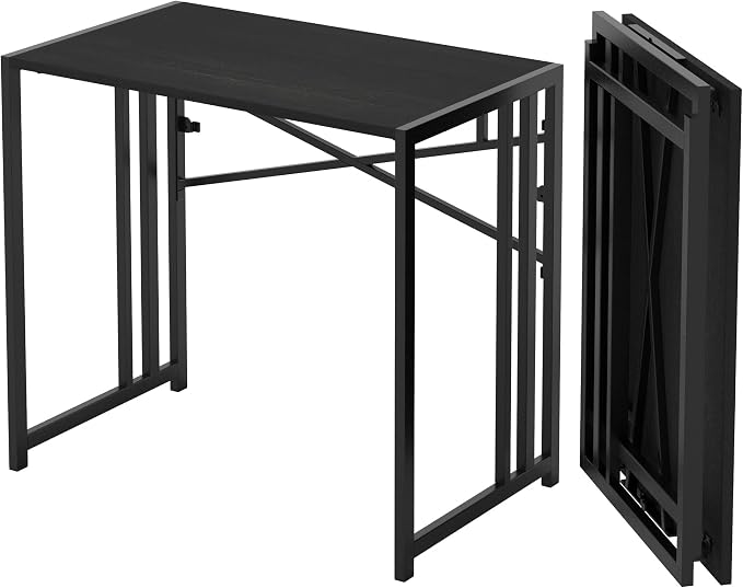 Lutown-Teen Narrow Folding Computer Desk 35 inch, Writing Gaming Computer Desk for Small Spaces, No Assembly Required Small Office Table, Black