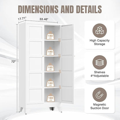 Yizosh Metal Storage Cabinet with 2 Doors and 4 Adjustable Shelves,- 72" White Kitchen Pantry Storage Cabinet for Kitchen,Living Room,Dining Room