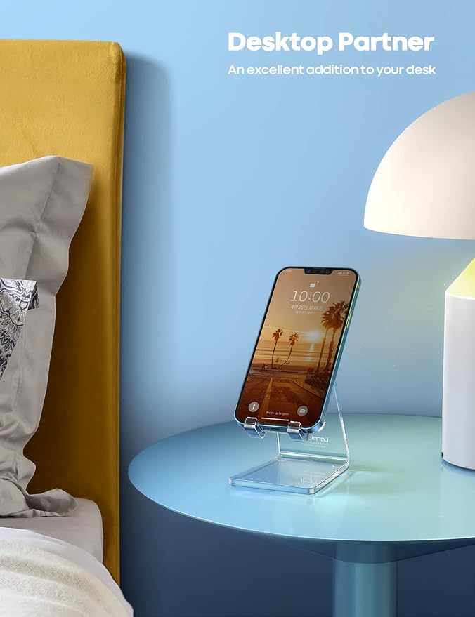 Lamicall Cell Phone Stand, Desk Accessories - Clear Office Cell Phone Holder, Acrylic Phone Stand, Desktop, Acrylic Office Supplies Desk Decor Accessories, Suitable for iPhone, 4-8'' Phone, Gifts