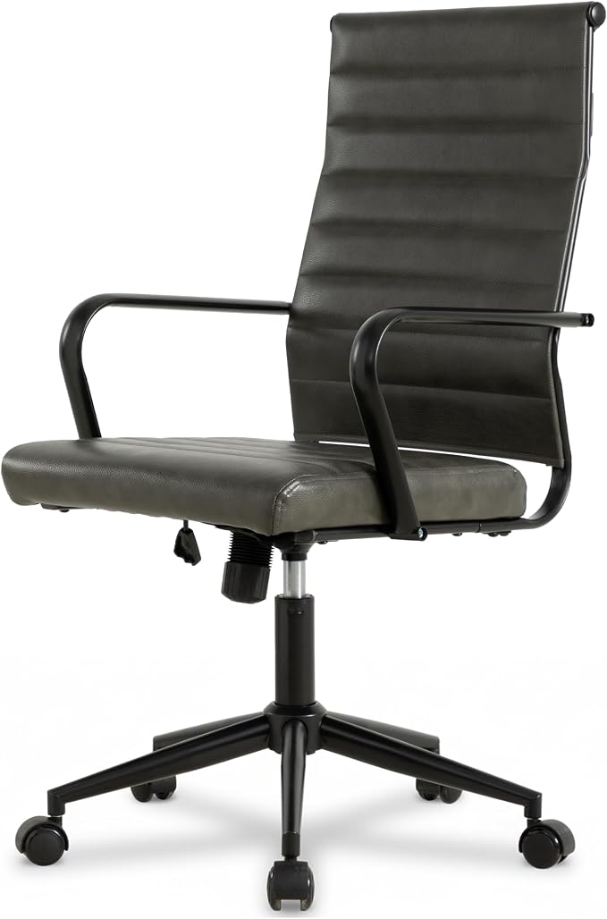 Okeysen Genuine Leather Office Chair, Mid-Century Modern Real Leather Conference Room Chairs, Ergonomic Executive Ribbed Height Adjustable Swivel Rolling Desk Chair for Home Office.