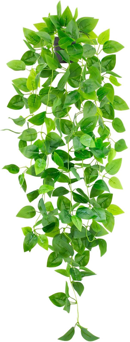 Artificial Hanging Plants with Black Pot, 39.37" Faux Pothos Trailing Vines, Potted Fake Greenery Indoor for Home Bathroom Bedroom Wall Shelf Decor