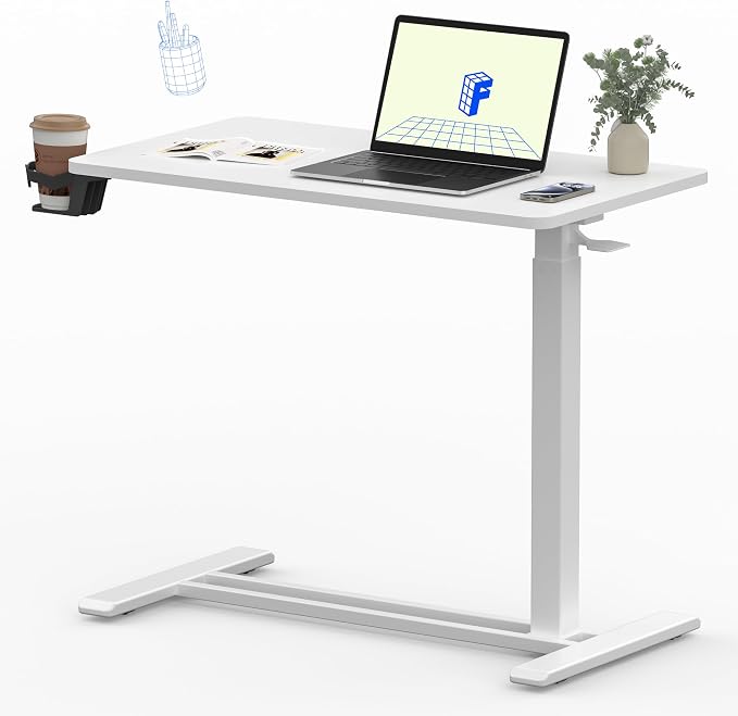 FLEXISPOT Mobile Standing Desk with Wheels Pneumatic Laptop Desk Rolling Computer Cart Movable Height Adjustable Small Sit Stand Desk Computer Workstations Home Use（27.6" W x 15.7" D,White）