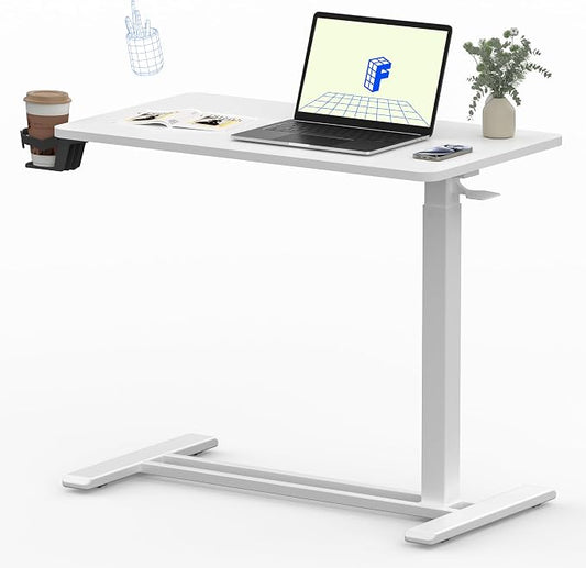 FLEXISPOT Mobile Standing Desk with Wheels Pneumatic Laptop Desk Rolling Computer Cart Movable Height Adjustable Small Sit Stand Desk Computer Workstations Home Use（27.6" W x 15.7" D,White）