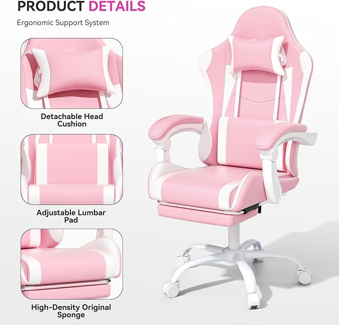 Gaming Chair, Ergonomic Computer Chairs with Arms, Lumbar Support, Footrest, Headrest 360°Swivel Chair, Adjustable Back and Height, Leather PC Chairs for Gaming, Study, Office, Pink