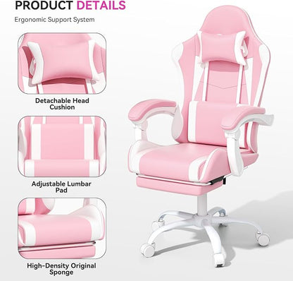 Gaming Chair, Ergonomic Computer Chairs with Arms, Lumbar Support, Footrest, Headrest 360°Swivel Chair, Adjustable Back and Height, Leather PC Chairs for Gaming, Study, Office, Pink