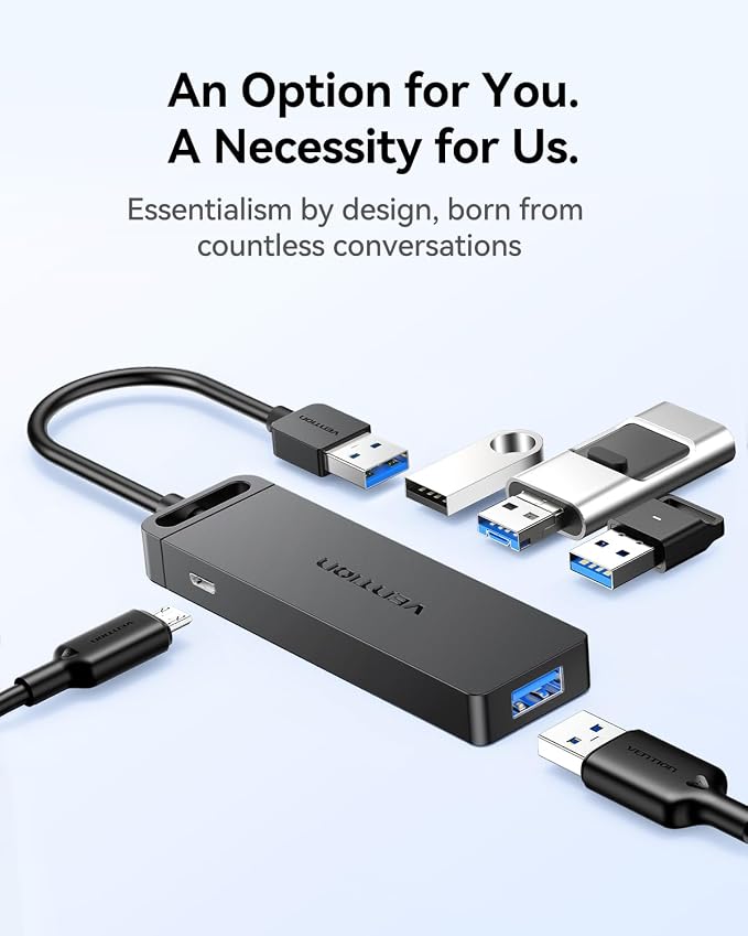 VENTION USB 3.0 Hub for Laptop- Multi USB Port Splitter, Ultra-Slim USB Extender Adapter, 4 Ports Fast Data Transfer for Laptop, MacBook, Printer, PS4, PC, Flash Drive, HDD, Wireless Mouse/Keyboard